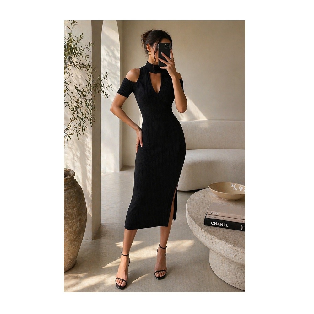 BCBGMAXAZRIA Black Ribbed Cold Shoulder Mock Neck V-Neck Midi Dress Small